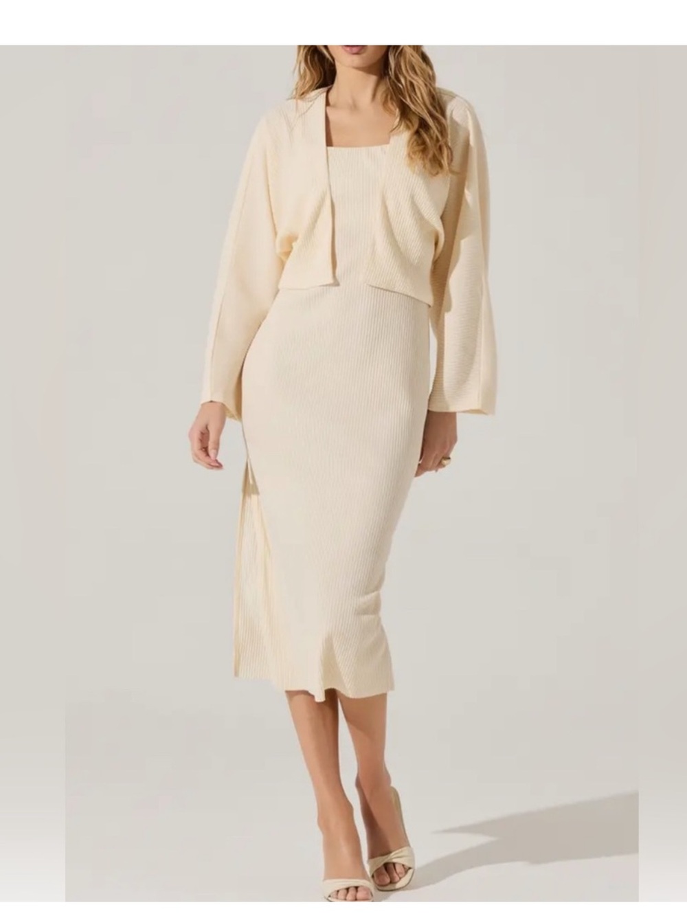 Astr Cream Knit Midi Dress with Matching Cropped Cardigan